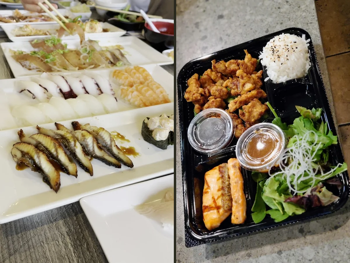 A casual sushi bar with seated guests.