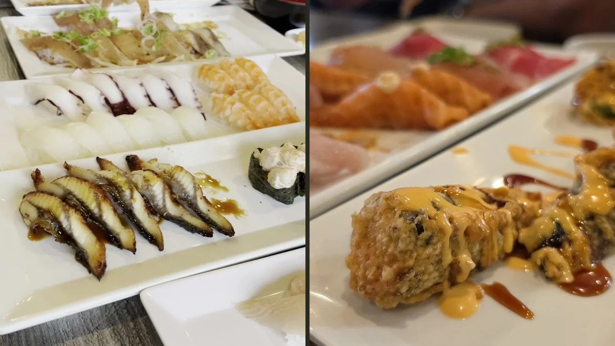 A casual sushi bar with seated guests.