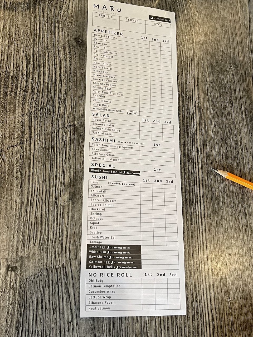 Close-up of a restaurant menu layout.